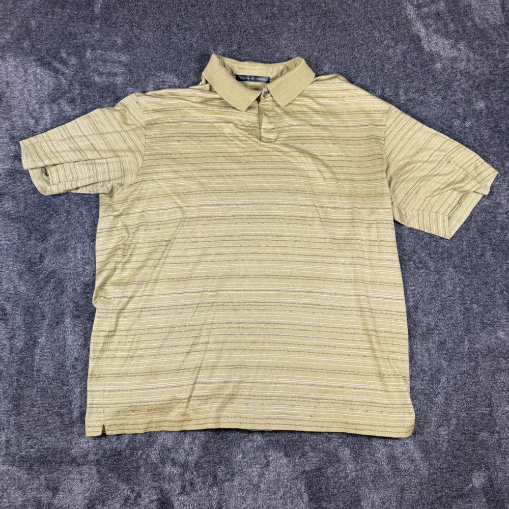 Tiger Woods Collection Mens Large Golf Polo Shirt Striped Olive Tan Short Sleeve